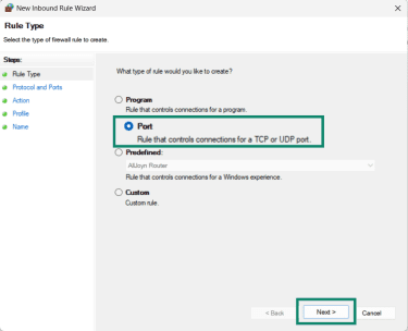 Windows inbound rules window, showing the port option.
