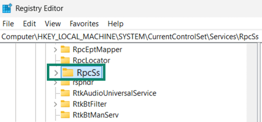 Windows registry folders with RpcSs highlighted.