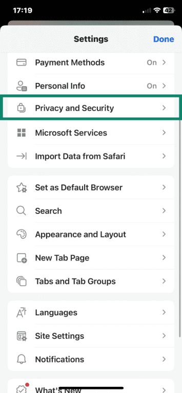 Edge on iOS settings menu open with Privacy and Security option highlighted