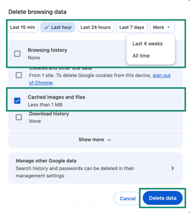 The Delete browsing data windows in Chrome, highlighting the "Cached images and filed" option, the available time range options, and the "Delete data" button.
