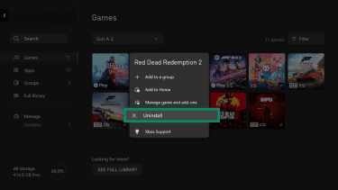 Xbox games library screen with uninstall option selected for a game.