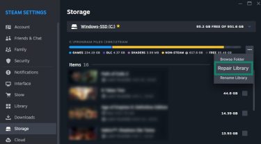 The Repair Library option int the Steam Storage Settings (Windows).