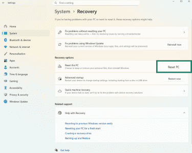 The Recovery page of the Windows Settings app, showing the Reset PC button.