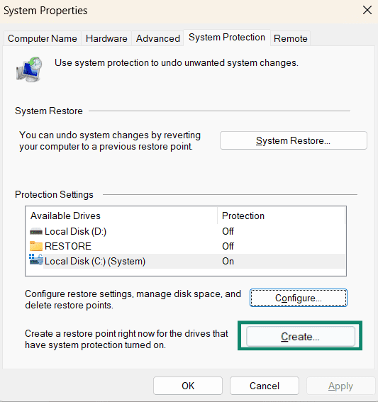 The System Restore window, showing the create button.