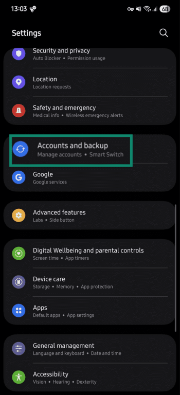 "Accounts and backup" option highlighted in the Android settings.