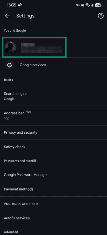 Chrome profile picture highlighted in the Chrome browser settings on Android.