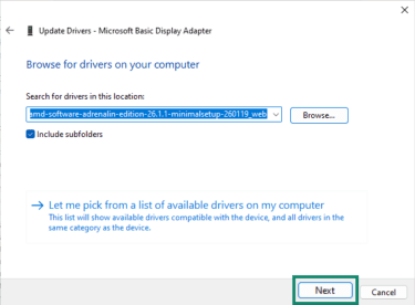 Browsing for drivers in Windows device manager.