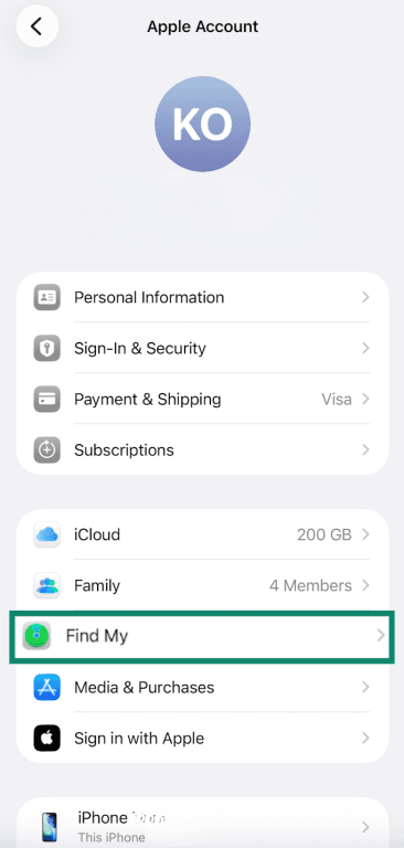 iPhone Apple Account Settings with Find My section highlighted.