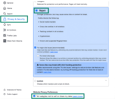 How to manage third-party trackers in Firefox.