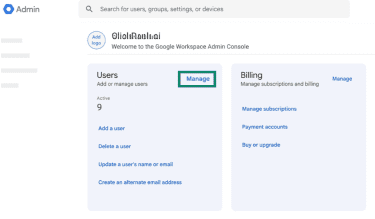 Google Admin console Users section with “Manage” option selected.
