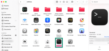 Opening the Terminal through Utilities on macOS.