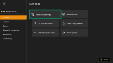 The Xbox Settings menu, showing the network settings option.