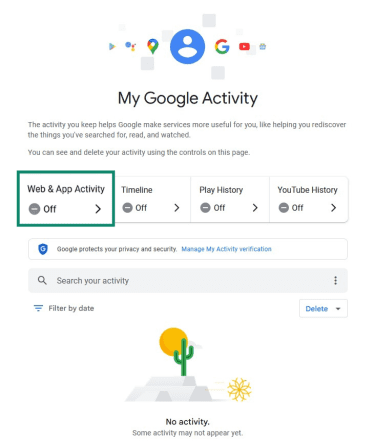 My Google Activity page with Web & App Activity highlighted.